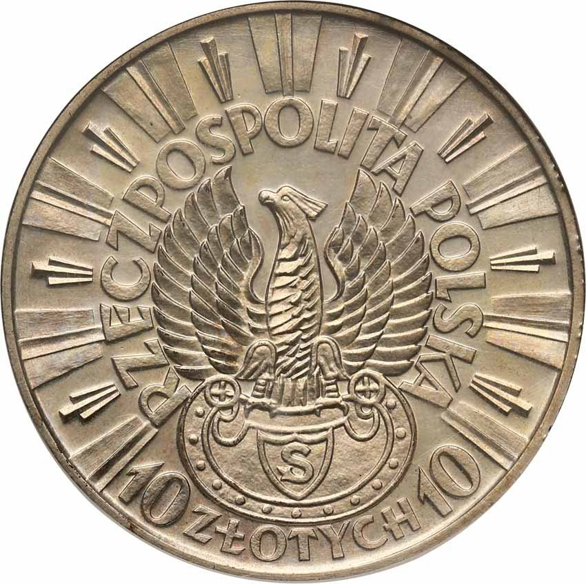 II RP. PRÓBA srebro 10 złotych 1934 Piłsudski strzelecki, stempel lustrzany NGC PF62